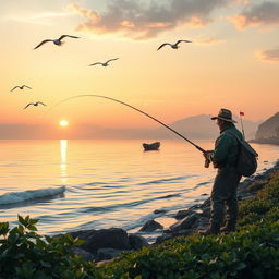 A serene landscape depicting a fisherman standing on a rocky shore at sunrise, casting his fishing line into calm waters