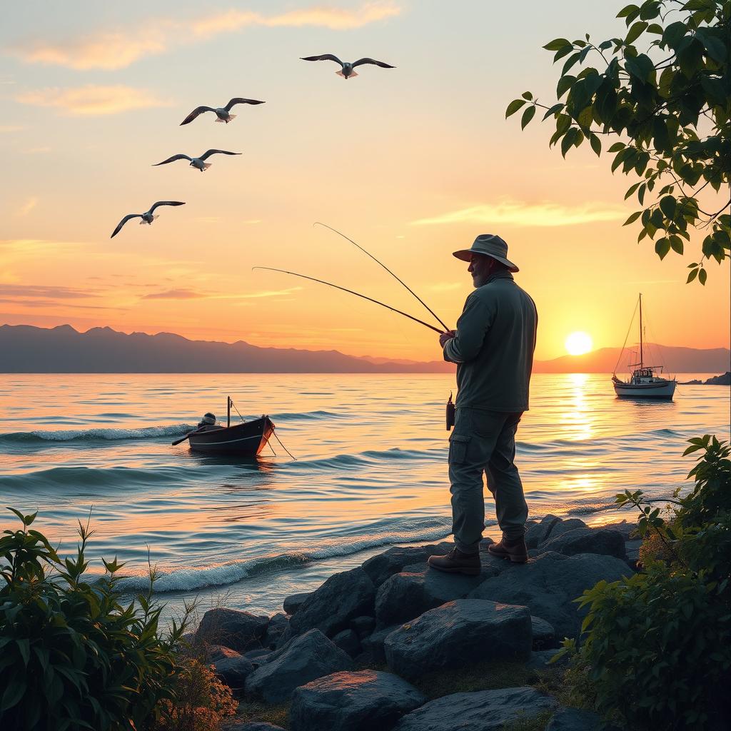 A serene landscape depicting a fisherman standing on a rocky shore at sunrise, casting his fishing line into calm waters