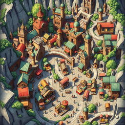 A detailed map illustration of a labyrinthine fantasy city, showcasing a vibrant market neighborhood filled with colorful stalls, winding alleys, intricate architecture, and bustling crowds