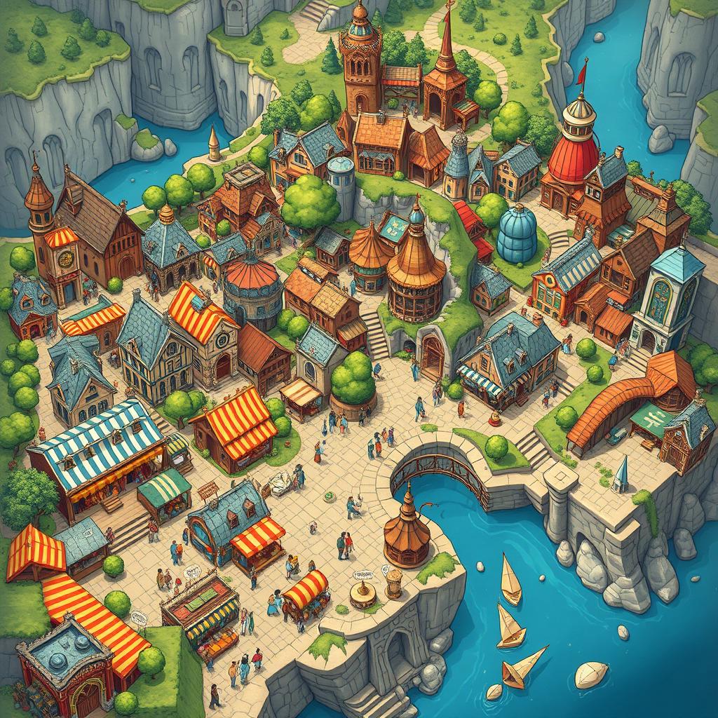 A detailed map illustration of a labyrinthine fantasy city, showcasing a vibrant market neighborhood filled with colorful stalls, winding alleys, intricate architecture, and bustling crowds