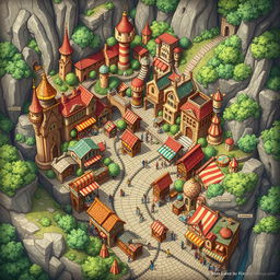 A detailed map illustration of a labyrinthine fantasy city, showcasing a vibrant market neighborhood filled with colorful stalls, winding alleys, intricate architecture, and bustling crowds