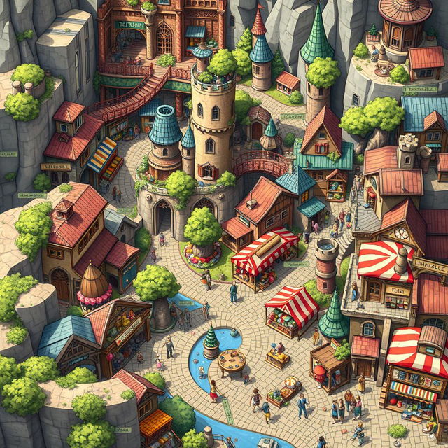 A detailed map illustration of a labyrinthine fantasy city, showcasing a vibrant market neighborhood filled with colorful stalls, winding alleys, intricate architecture, and bustling crowds