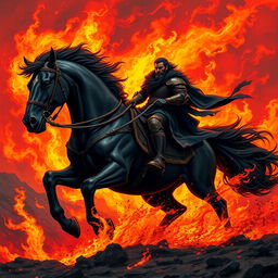 A powerful man riding a majestic black horse, surrounded by flames and fire, highlighting a sense of intensity and strength