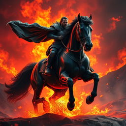 A powerful man riding a majestic black horse, surrounded by flames and fire, highlighting a sense of intensity and strength