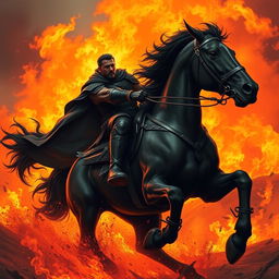A powerful man riding a majestic black horse, surrounded by flames and fire, highlighting a sense of intensity and strength
