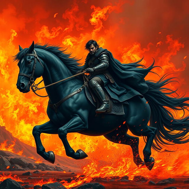 A powerful man riding a majestic black horse, surrounded by flames and fire, highlighting a sense of intensity and strength