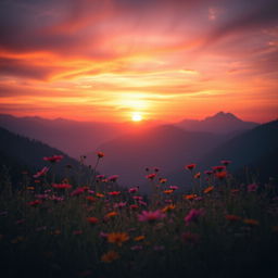 A visually striking scene depicting a beautiful landscape with mountains and a vibrant sunset