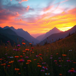 A visually striking scene depicting a beautiful landscape with mountains and a vibrant sunset