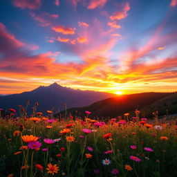 A visually striking scene depicting a beautiful landscape with mountains and a vibrant sunset