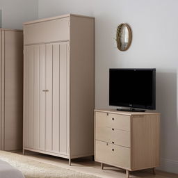 A compact, stylish bedroom TV unit specifically designed for a small room, partnered with a fashionable wardrobe for clothes storage, with a design that optimises space usage.