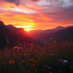 A visually striking scene depicting a beautiful landscape with mountains and a vibrant sunset