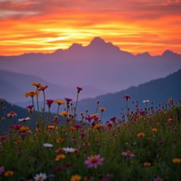 A visually striking scene depicting a beautiful landscape with mountains and a vibrant sunset