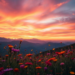 A visually striking scene depicting a beautiful landscape with mountains and a vibrant sunset