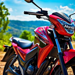 A vivid and detailed image of a Honda 125 motorcycle parked in a scenic outdoor setting