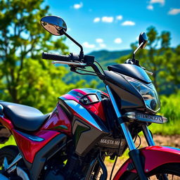 A vivid and detailed image of a Honda 125 motorcycle parked in a scenic outdoor setting