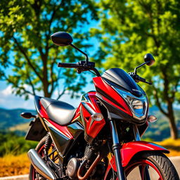 A vivid and detailed image of a Honda 125 motorcycle parked in a scenic outdoor setting