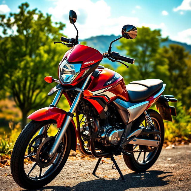 A vivid and detailed image of a Honda 125 motorcycle parked in a scenic outdoor setting