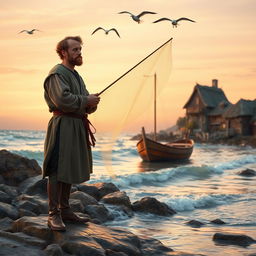 A medieval fisherman standing on a rocky shoreline, wearing traditional attire including a wool tunic and leather boots
