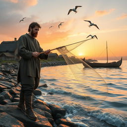 A medieval fisherman standing on a rocky shoreline, wearing traditional attire including a wool tunic and leather boots