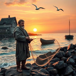 A medieval fisherman standing on a rocky shoreline, wearing traditional attire including a wool tunic and leather boots