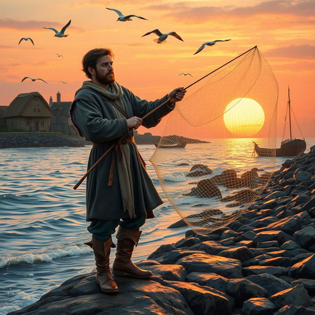 A medieval fisherman standing on a rocky shoreline, wearing traditional attire including a wool tunic and leather boots