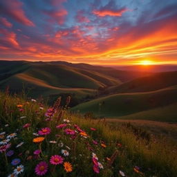 A visually striking scene featuring a lush landscape with rolling hills and a vibrant, colorful sunset