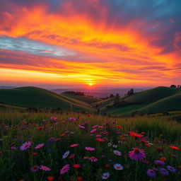 A visually striking scene featuring a lush landscape with rolling hills and a vibrant, colorful sunset