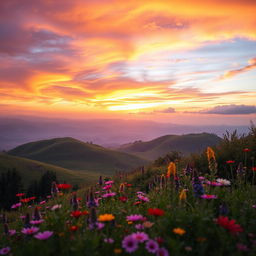 A visually striking scene featuring a lush landscape with rolling hills and a vibrant, colorful sunset