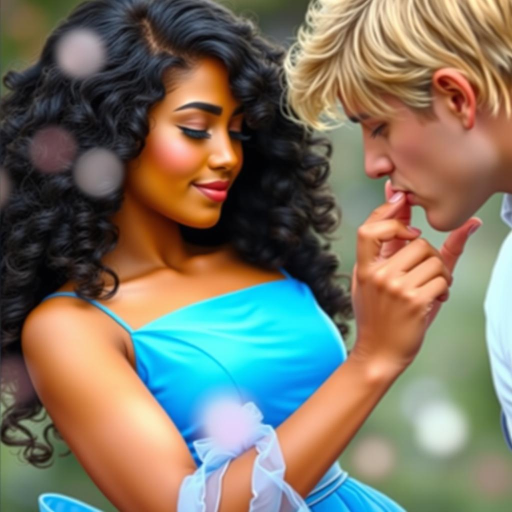 A romantic scene featuring a man kissing a girl's hand