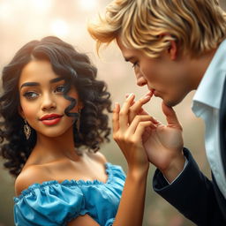 A romantic scene featuring a man kissing a girl's hand