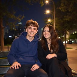 A cozy night scene featuring a young man wearing a blue hoodie and a young woman dressed in a black outfit, sitting together on a bench next to a street