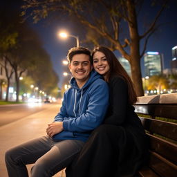 A cozy night scene featuring a young man wearing a blue hoodie and a young woman dressed in a black outfit, sitting together on a bench next to a street