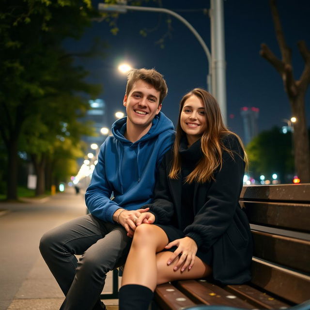 A cozy night scene featuring a young man wearing a blue hoodie and a young woman dressed in a black outfit, sitting together on a bench next to a street