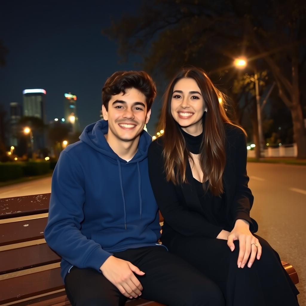 A cozy night scene featuring a young man wearing a blue hoodie and a young woman dressed in a black outfit, sitting together on a bench next to a street