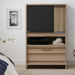 A compact, stylish bedroom TV unit specifically designed for a small room, partnered with a fashionable wardrobe for clothes storage, with a design that optimises space usage.