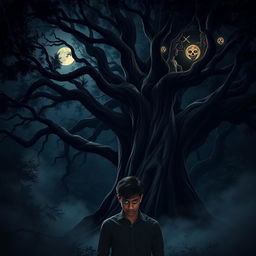 A dark, eerie forest at night, dominated by a huge, ancient banyan tree with twisting branches and dense foliage