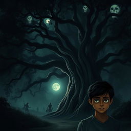A dark, eerie forest at night, dominated by a huge, ancient banyan tree with twisting branches and dense foliage