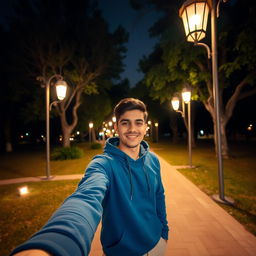 A romantic night scene in a park in Mashhad, featuring a young Iranian man wearing a blue hoodie and beige trousers