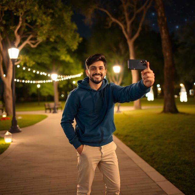 A romantic night scene in a park in Mashhad, featuring a young Iranian man wearing a blue hoodie and beige trousers