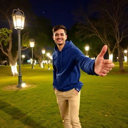 A romantic night scene in a park in Mashhad, featuring a young Iranian man wearing a blue hoodie and beige trousers