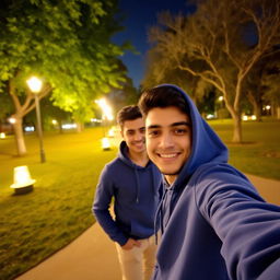 A romantic night scene in a park in Mashhad, featuring a young Iranian man wearing a blue hoodie and beige trousers