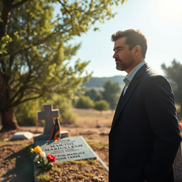 A solemn scene depicting a man standing at a martyr's grave, with a look of deep reflection and respect on his face