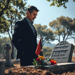 A solemn scene depicting a man standing at a martyr's grave, with a look of deep reflection and respect on his face