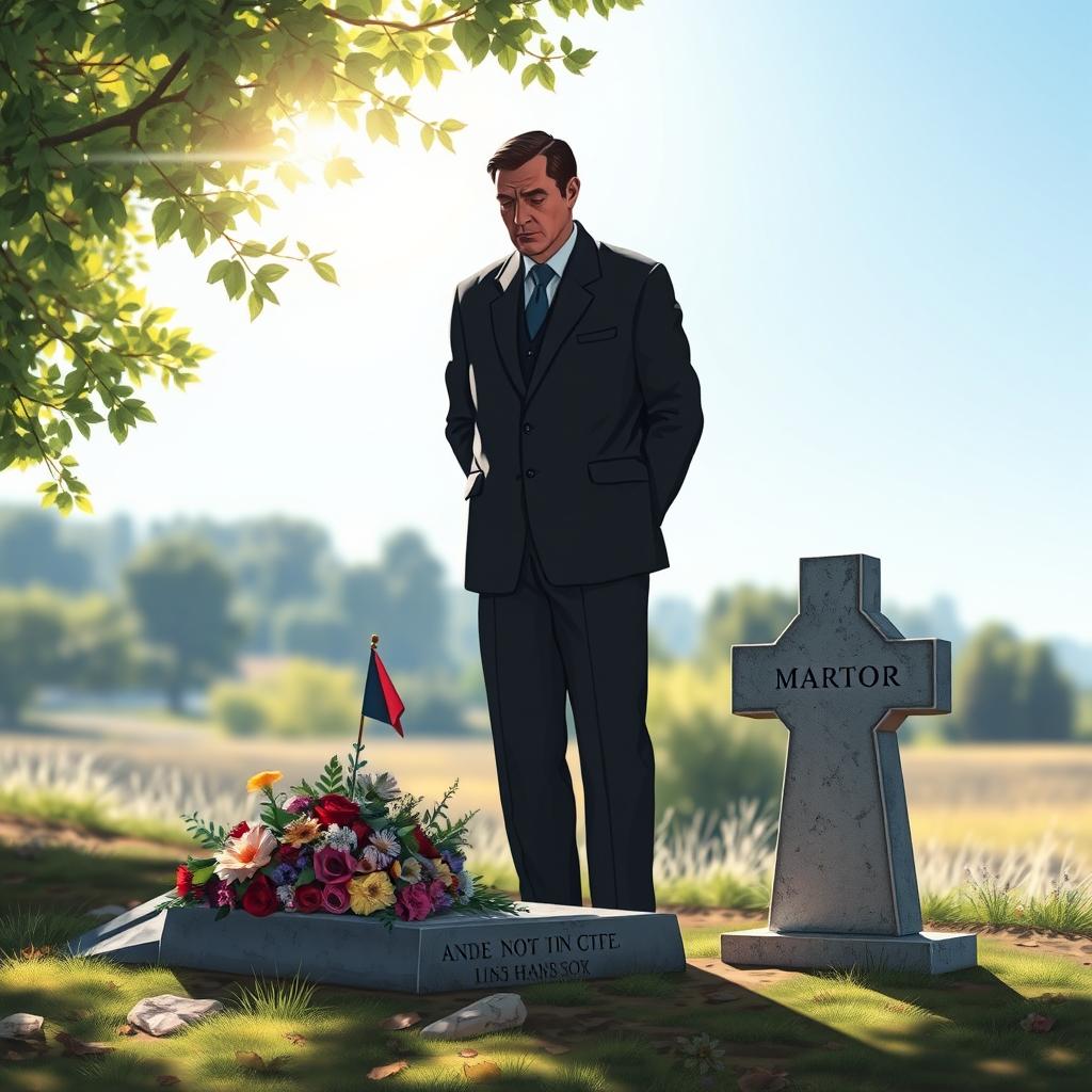 A solemn scene depicting a man standing at a martyr's grave, with a look of deep reflection and respect on his face