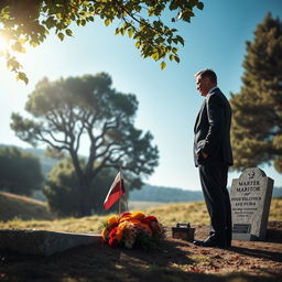 A solemn scene depicting a man standing at a martyr's grave, with a look of deep reflection and respect on his face