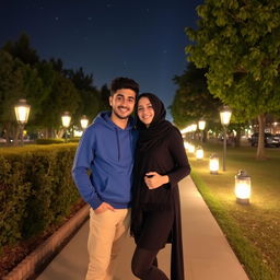 A romantic night scene in a park in Mashhad, featuring a young Iranian couple