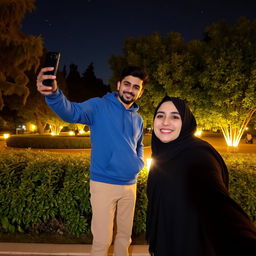 A romantic night scene in a park in Mashhad, featuring a young Iranian couple