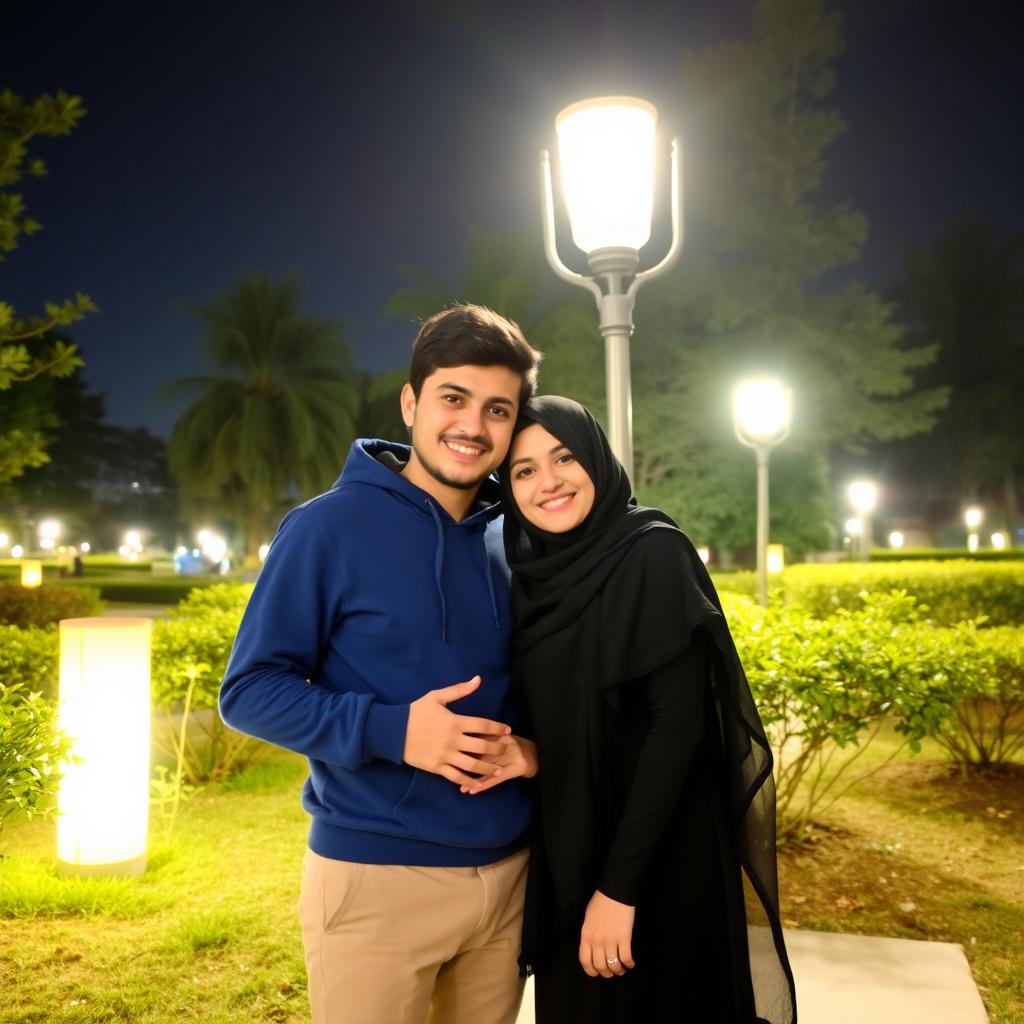 A romantic night scene in a park in Mashhad, featuring a young Iranian couple