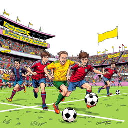 A vibrant and dynamic comic strip featuring a group of football players in action