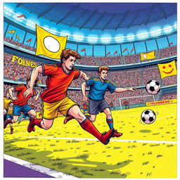 A vibrant and dynamic comic strip featuring a group of football players in action